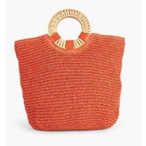Talbots Coral Orange Paper Straw Woven Beach Bag Tote with Round Wicker Handles